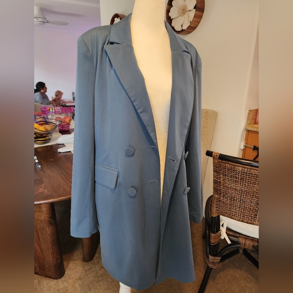 NwT 7 For All Mankind Long Line Trench Blazer Blue Size Large Spring Coat - Picture 3 of 11